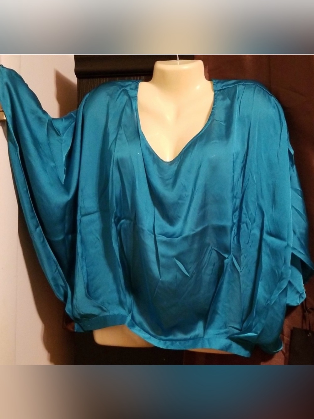 Love Stitch Teal Satin Dolman Sleeve Blouse